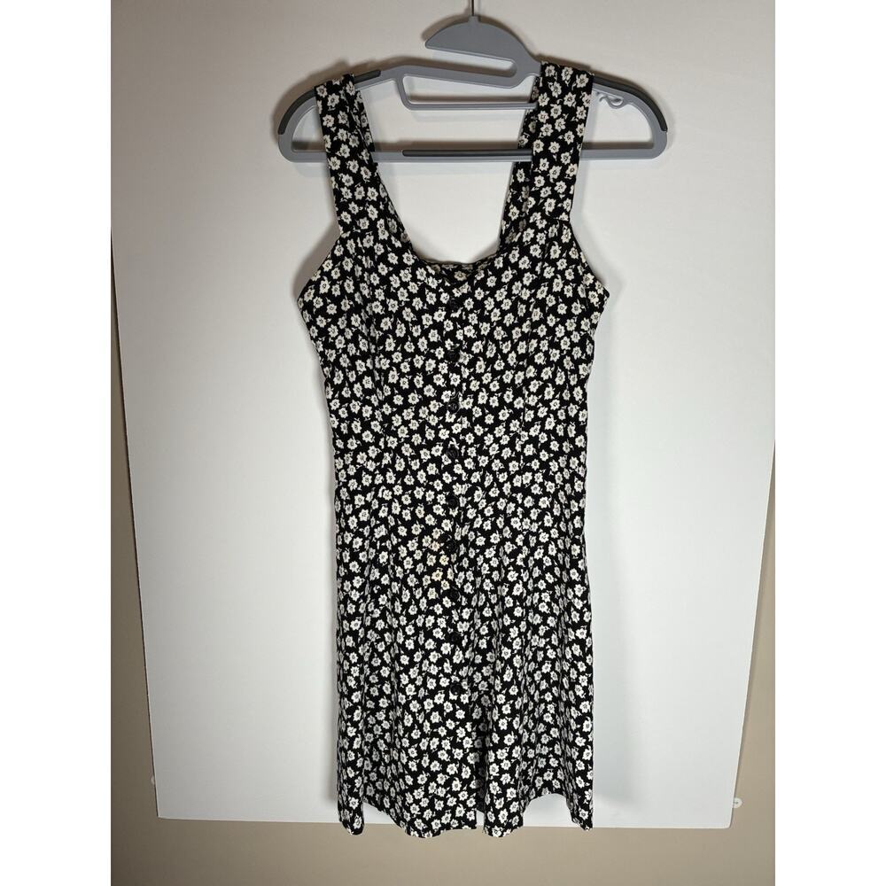 Vtg Moda International Black Ditsy Floral Mini Dress Womens 4 Button Front 90s